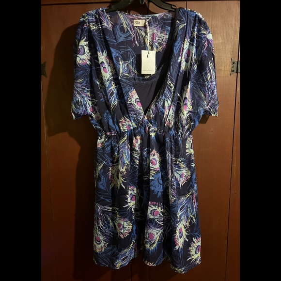 Three Eighty Two V-Neck Flowy Peacock Feather Print Mini Dress Size L - NWT - Picture 1 of 16